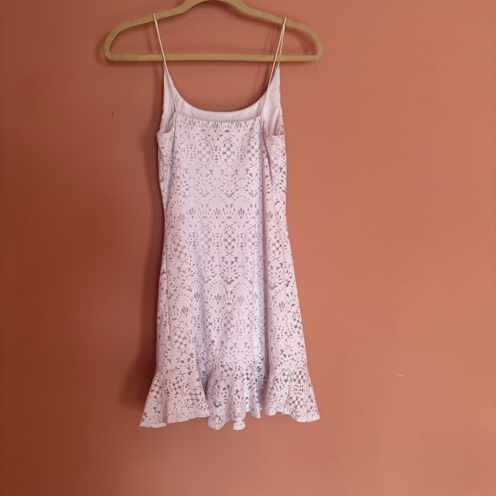 Light lilac spaghetti strap lacy mini dress, medium.